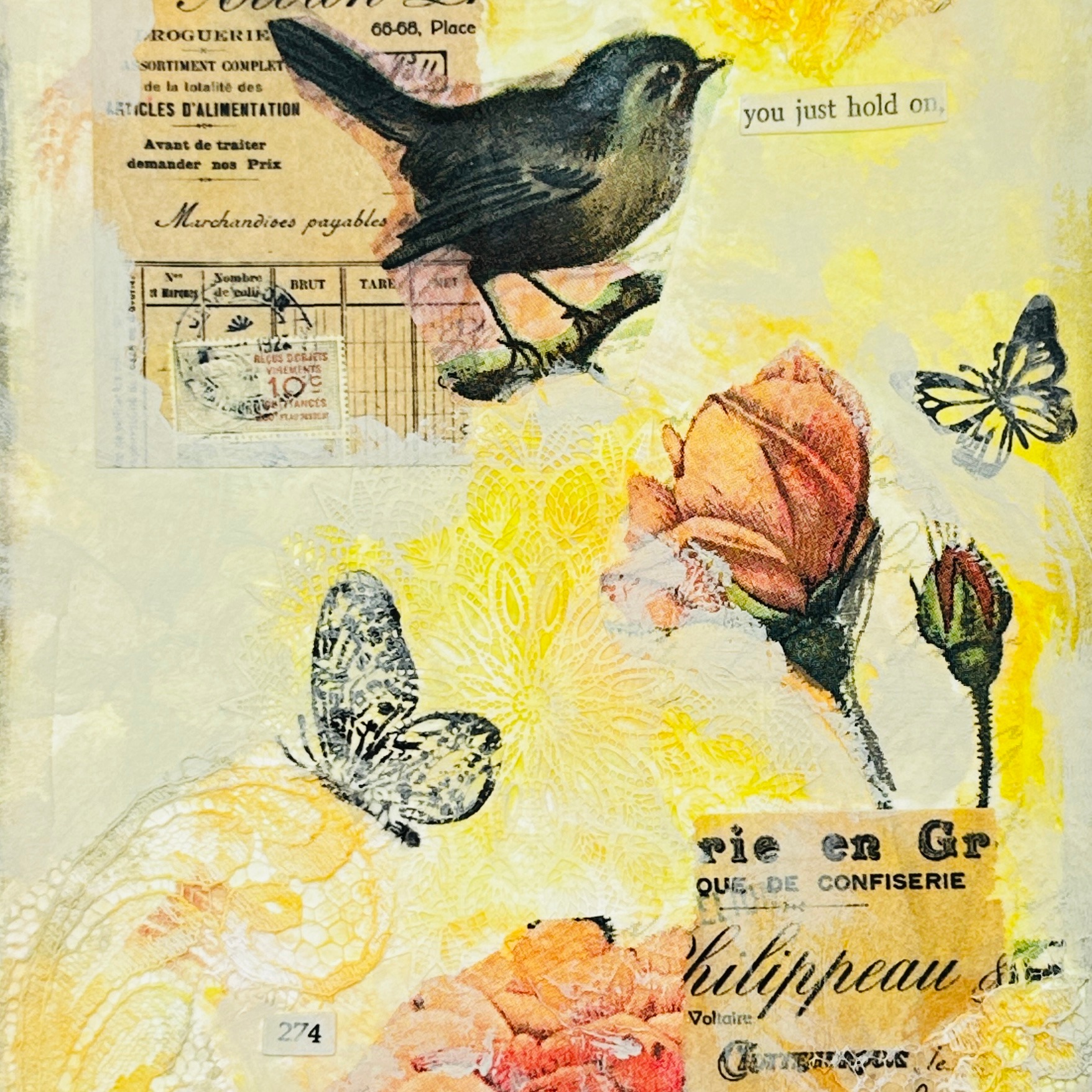 Bird and poem mixed media art-yellow and pink-Heartfelt workshops-Toronto