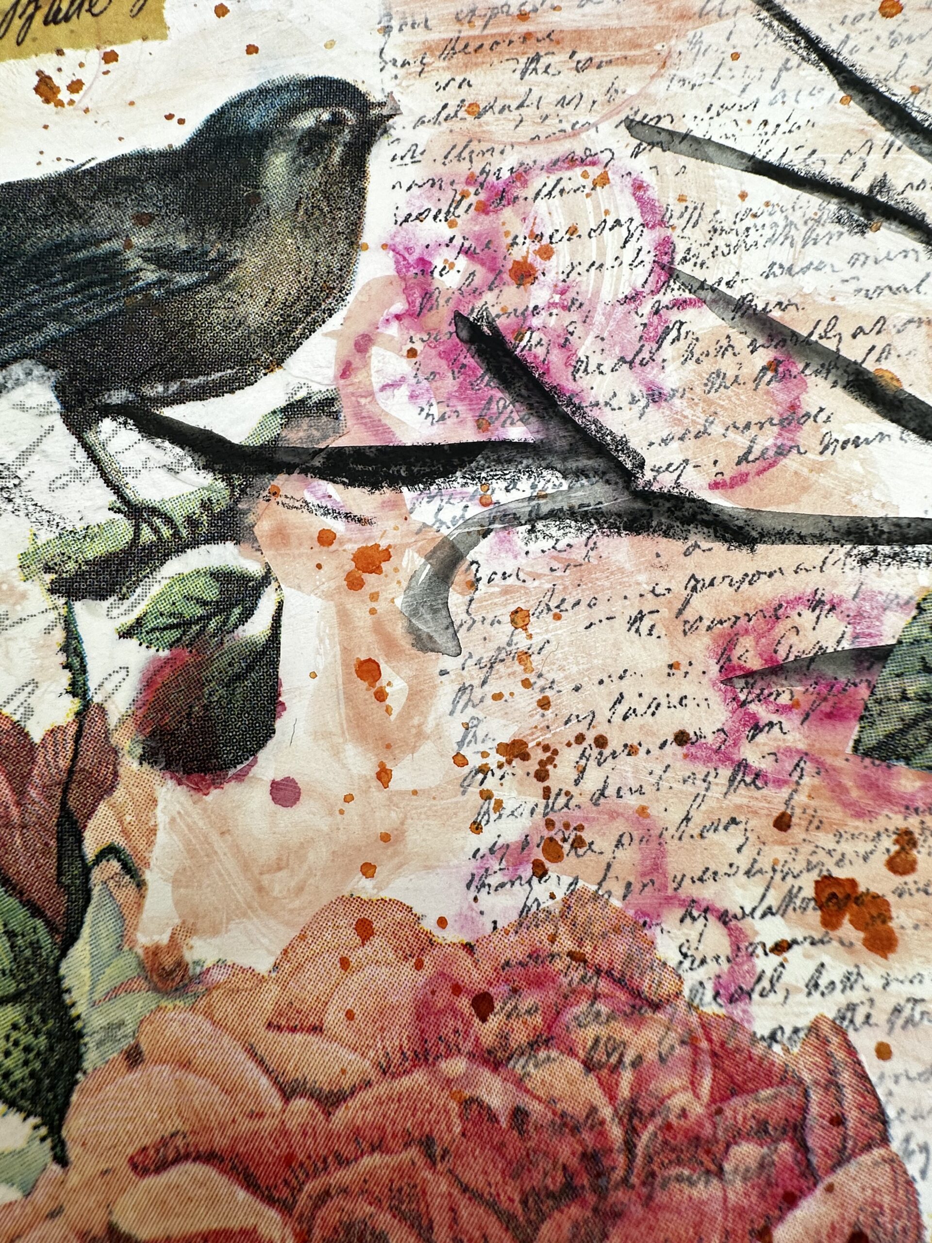 Mixed media Exploration-Heartfelt workshops-Toronto-Bird on branch with flowers