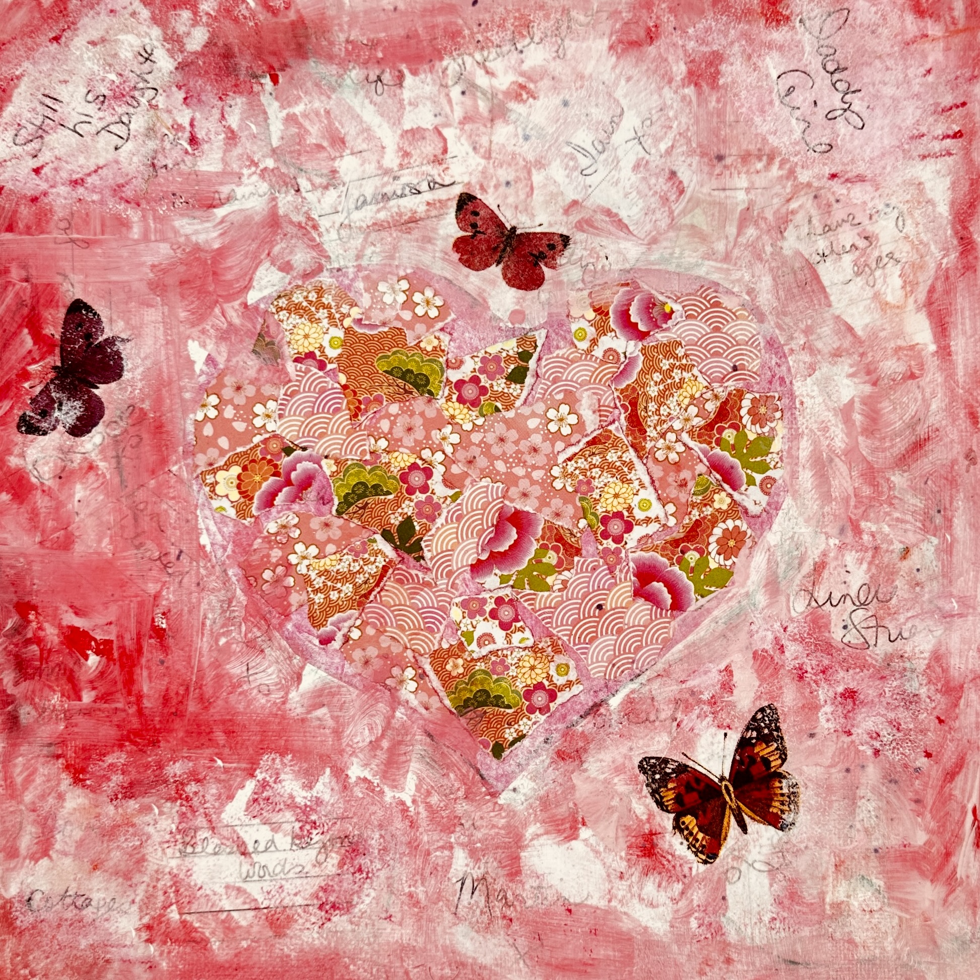 Pink mixed media art -butterflies and words- Toronto