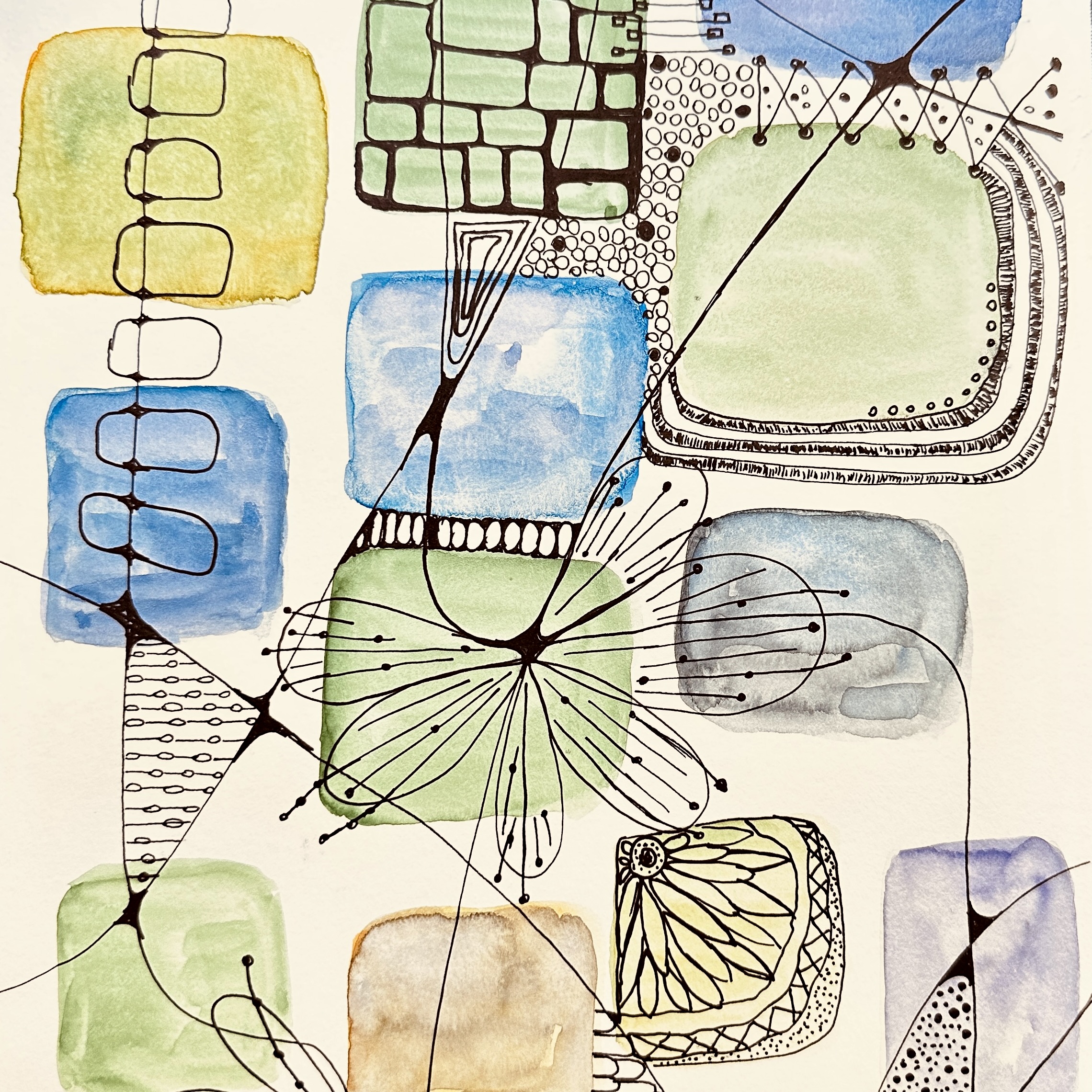 Watercolour workshop-Toronto- Blue blocks of colour with ink lines