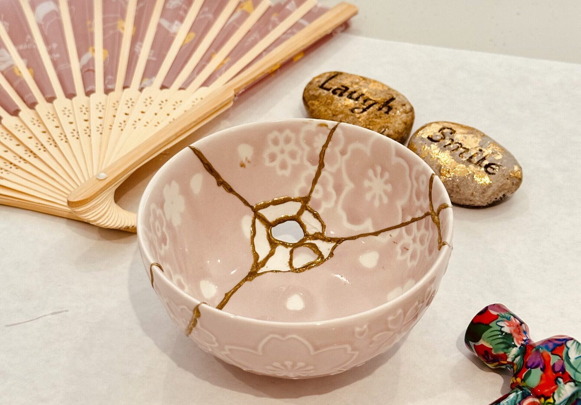kintsugi Workshop- Pink floral bowl-Gold cracks -Toronto